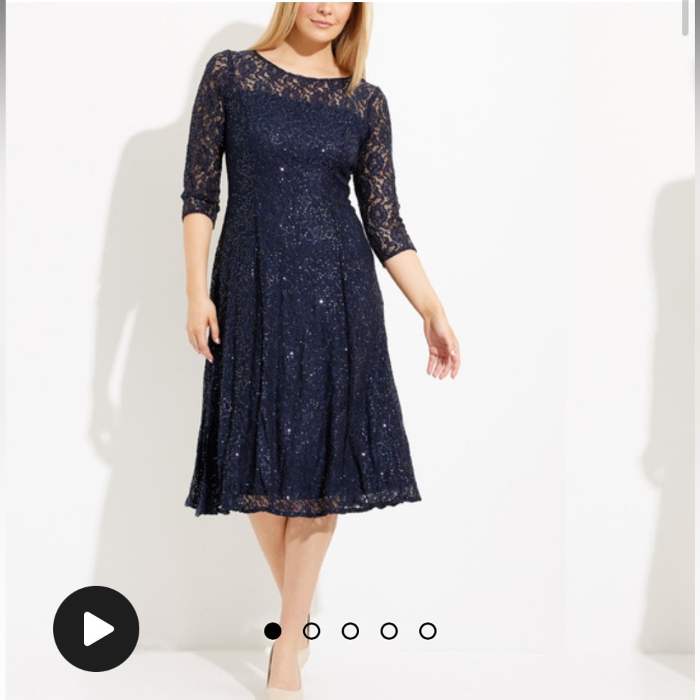 SL Fashions New York Sequin 3/4 sleeve tea length dress/gown NWT Navy size 14